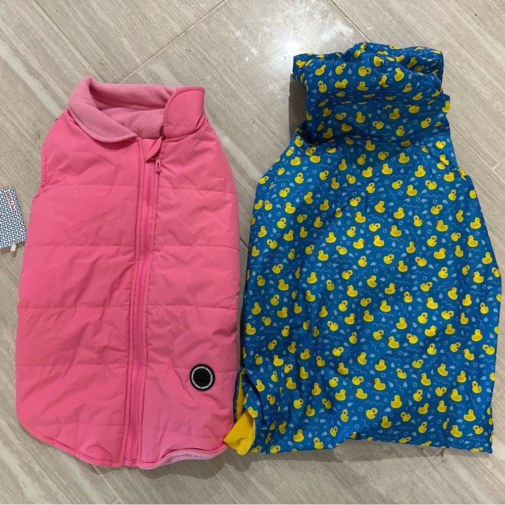 Dog Pink snow jacket and Blue Duck Print rain coat